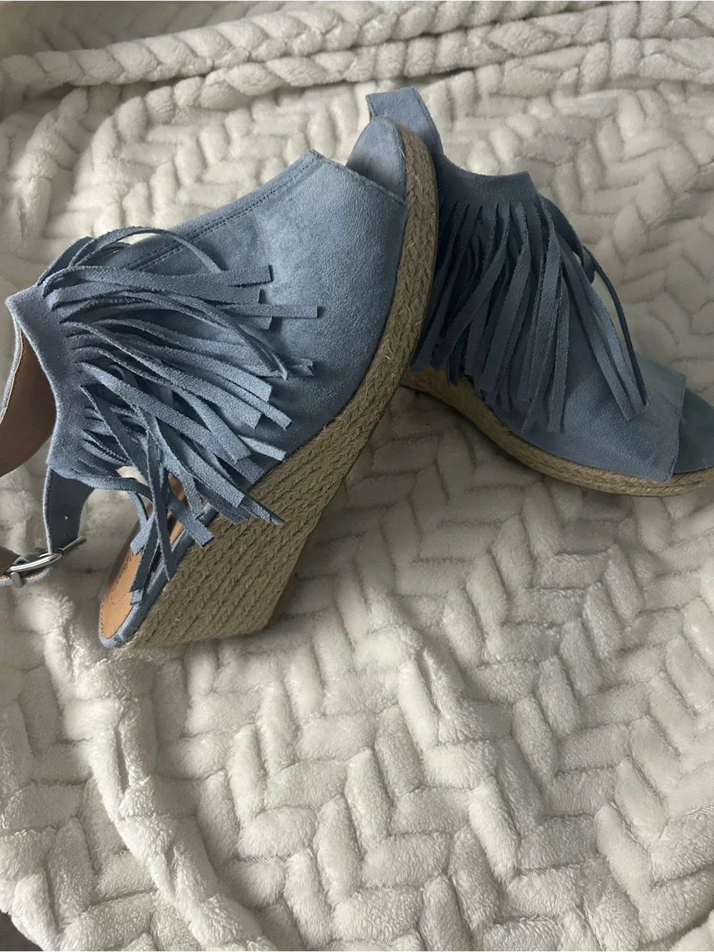 comfortview Light Blue Suede Fringe Espadrille Wedge Sandals